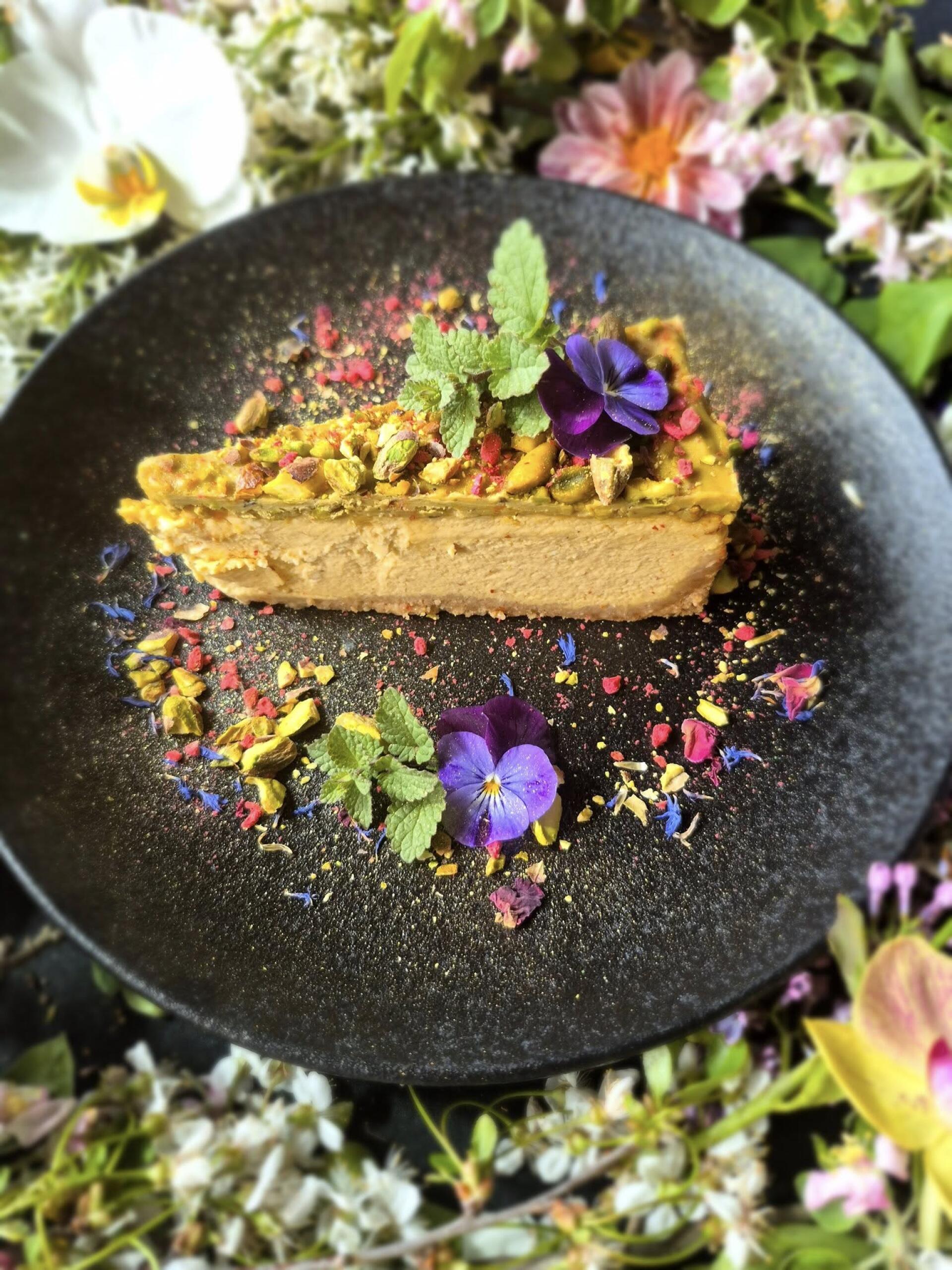 Mango–passion fruit cheesecake